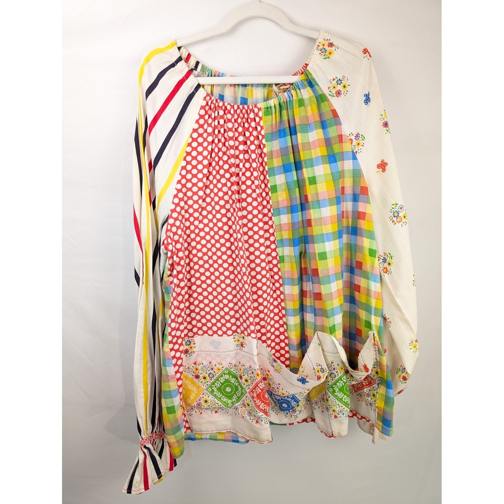 Vintage 70s Handmade Patchwork Utility Shirt Sz L Multicolor Peasant Cottagecore - Picture 2 of 9